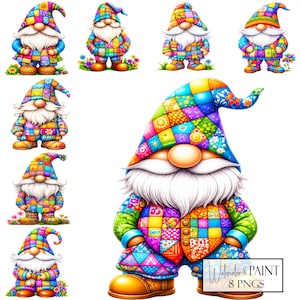 Patchwork-Gnom-Clipart-Bundle, 8 transparente PNGs, Sofort-Download, Kommerzielle Nutzung, POD-Nutzung
