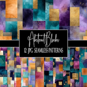 May include: A digital collection of 12 seamless patterns featuring abstract blocks in shades of teal, purple, and orange with gold accents. The text Abstract Blocks 12 JPG SEAMLESS PATTERNS is centred in a black rectangle over the colourful designs.