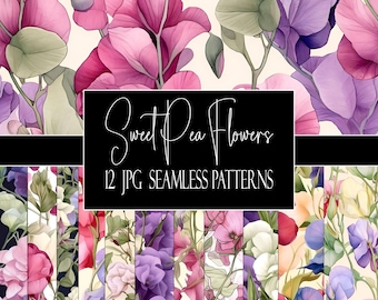 Sweet Pea Floral Seamless Pattern: 12 Watercolor JPGs (Digital Download)