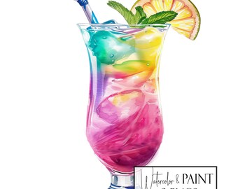 Watercolor Summer Cocktail Clipart Bundle, 8 Transparent PNGs, Instant Download, Commercial Use, POD Use