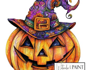 Colorful Witch Pumpkin Clipart Bundle, 8 Transparent PNGs, Instant Download, Commercial and POD Use