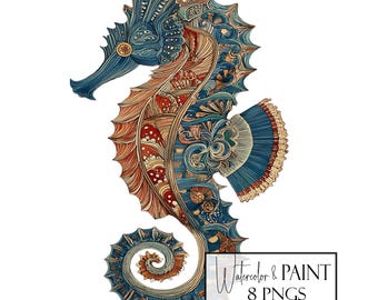 Seahorse Clipart Bundle, 8 Transparent PNGs, Instant Download, Commercial Use, POD Use