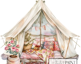 Puede incluir: Ilustración en acuarela de un interior de tienda de campaña acogedor. La tienda está llena de almohadas, mantas y objetos decorativos. Un jarrón con flores rosas está frente a la tienda. El texto "Watercolor & PAINT 8 PNGS" está en la esquina inferior derecha.