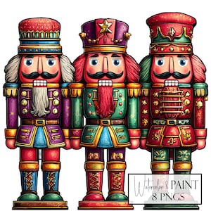 Peut inclure: Trois figurines de casse-noisettes colorées avec des uniformes et des chapeaux détaillés. Les casse-noisettes ont des moustaches, des barbes et des bouches ouvertes. L'image comprend le texte "Watercolor & PAINT 8 PNGS".