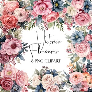 ビクトリア朝の花、水彩画の花、PNG 形式、インスタント クリップアート、商用利用、POD 利用