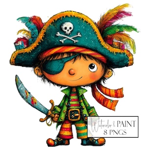 Watercolor Cute Boy Pirates Clipart Set, 8 Transparent PNGs, Commercial Use, POD Use,  Instant Download