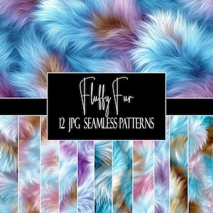May include: An image showcasing a collection of 12 JPG seamless patterns featuring a fluffy fur texture. The patterns display a blend of colors, including blue, purple, and brown, creating a soft and textured appearance. The text "Fluffy Fur" and "12 JPG SEAMLESS PATTERNS" is displayed on a black background.