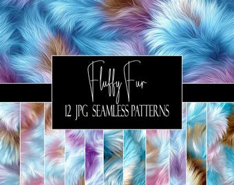 May include: An image showcasing a collection of 12 JPG seamless patterns featuring a fluffy fur texture. The patterns display a blend of colors, including blue, purple, and brown, creating a soft and textured appearance. The text "Fluffy Fur" and "12 JPG SEAMLESS PATTERNS" is displayed on a black background.