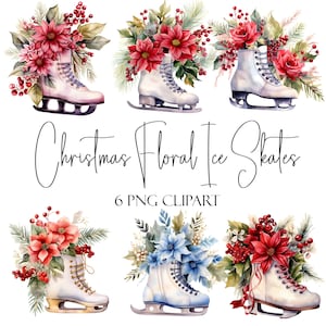 Weihnachten Blumen Schlittschuhe, Aquarell Clipart, PNG-Format, Sofort Download, kommerzielle Nutzung, POD-Verwendung