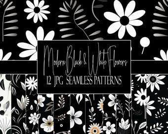 Schwarz weiße Blumenmuster: Modernes, nahtloses, digitales Papier (12 JPGs)