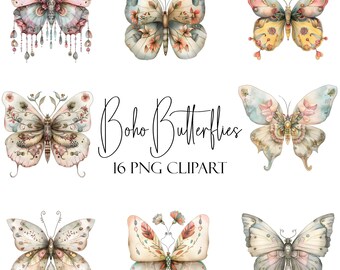 Può includere: Illustrazioni ad acquerello di farfalle in vari design e colori, tra cui rosa, blu e oro. L'immagine include il testo "Boho Butterflies" e "16 PNG CLIPART". Le farfalle presentano dettagli intricati e un'estetica bohémien.