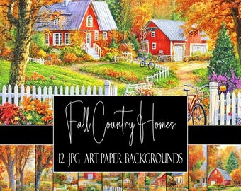 Könnte beinhalten: Ein digitaler Kunstdruck mit einer lebendigen Herbstlandschaft mit roten Landhäusern, weißen Zäunen und farbenfrohem Laub. Das Bild enthält den Text "Fall Country Homes" und "12 JPG Art Paper Backgrounds".