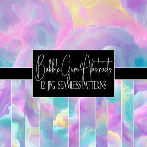Può includere: Un design di arte digitale con un motivo astratto nei toni pastello di rosa, viola, giallo e turchese. L'immagine include il testo "Bubble Gum Abstracts" e "12 JPG Seamless Patterns" in scrittura bianca su sfondo nero.