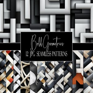 Könnte beinhalten: Eine Sammlung von 12 JPG-Nahtlosmustern mit geometrischen Designs in Schwarz, Weiß und Grau. Die Muster weisen verschiedene Formen und Texturen auf, mit den Worten "Bold Geometrics" und "12 JPG Seamless Patterns" auf schwarzem Hintergrund.