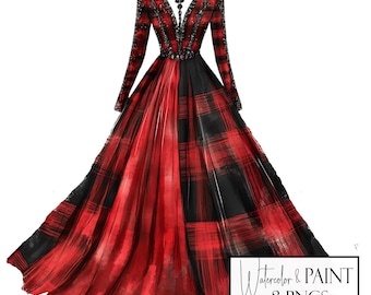 Watercolor Scottish Plaid Gown Clipart Collection, 8 PNGs, Instant Download, Commercial and POD Use