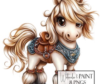 Adorable Horse Clipart Bundle, 8 Transparent PNGs, Commercial - POD Use