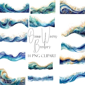 Könnte beinhalten: Ein Set mit 14 digitalen Clipart-Bildern, die Aquarell-Ozeanwellen mit goldenen Glitzerakzenten zeigen. Die Wellen sind in Blautönen, Türkis und Grün gehalten und in verschiedenen Formen und Größen angeordnet. Der Text "Ocean Waves Borders 14 PNG CLIPART" ist in schwarzer, kursiv geschriebener Schrift geschrieben.