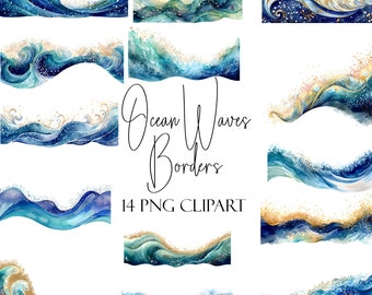 Bordes de olas del océano, clipart de acuarela, 14 PNG, descarga instantánea, uso comercial, uso POD