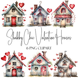 Case di San Valentino Shabby Chic, Clipart acquerello, formato PNG, download immediato, uso commerciale, uso POD