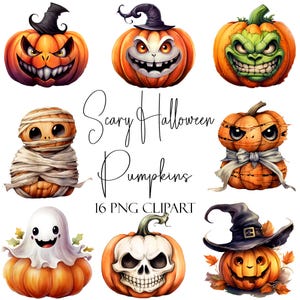 Scary Jack O' Lantern Clipart: Halloween Pumpkins, 16 PNGs (Commercial/POD Use)