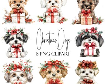 May include: Eight digital illustrations of dogs wearing Christmas wreaths and holding presents. The dogs are all different breeds and have different expressions. The text "Christmas Dogs 8 PNG CLIPART" is at the bottom of the image.