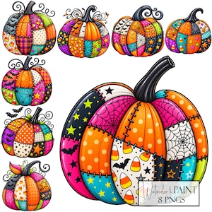 Puede incluir: Una colección de siete ilustraciones digitales de calabazas con un diseño de patchwork y varios patrones que incluyen telarañas, murciélagos, estrellas, lunares y dulces de maíz en colores vibrantes como naranja, rosa, morado y turquesa.