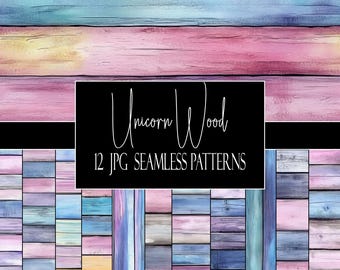 Pastel Wood Seamless Patterns: Unicorn Digital Paper (JPG, Commercial Use, POD Use)
