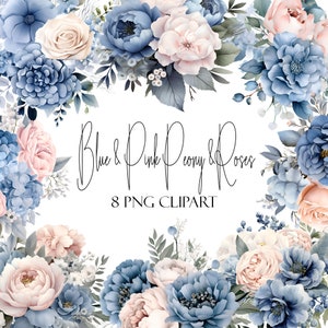 Blaue und rosa Pfingstrose und Rosen, Aquarell Clipart, PNG-Format, Sofort-Download, kommerzielle Nutzung, POD-Verwendung