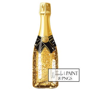 Akvarell champagneflaskor Clipart, transparent PNG-set, omedelbar nedladdning, kommersiellt bruk, POD-användning