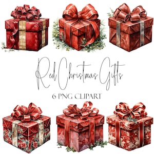 Rote Weihnachtsgeschenke, Aquarell Clipart, PNG-Format, sofortiger Download, kommerzielle Nutzung, POD-Verwendung