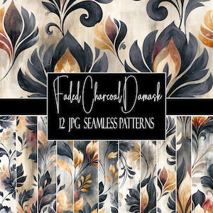 May include: A digital collection of 12 seamless patterns featuring a faded charcoal damask design. The artwork displays stylized floral motifs in shades of charcoal gray, muted gold, and cream with a textured, painterly finish and text.