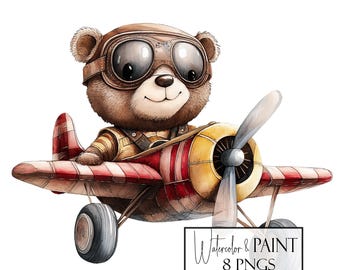 Watercolor Aviator Bear Clipart Bundle: Commercial Use PNG Files (Digital Download)