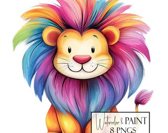 Watercolor Lion Clipart Set: Jungle Animals PNG Bundle (Commercial Use, POD)