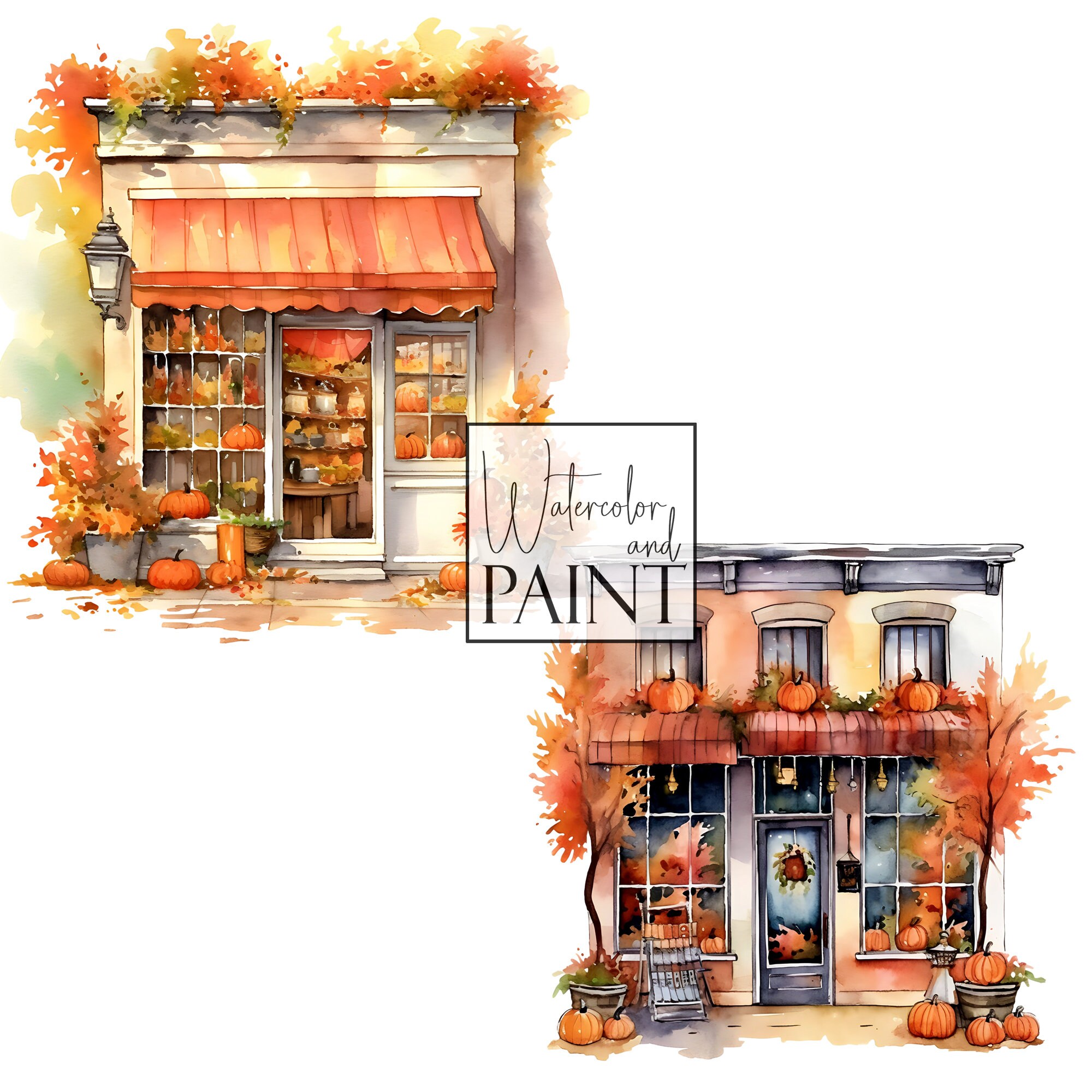 Fall Storefront Background Fall Storefront Clipart, Watercolor Autumn Elements, Instant Download ...