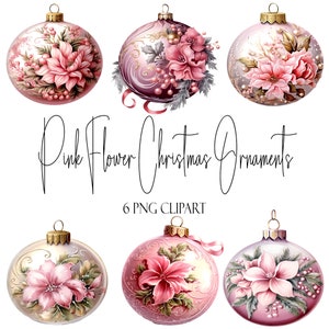 ピンクの花のクリスマスオーナメント、ホリデークリップアート、PNG 形式、即時ダウンロード、商用利用、POD 利用