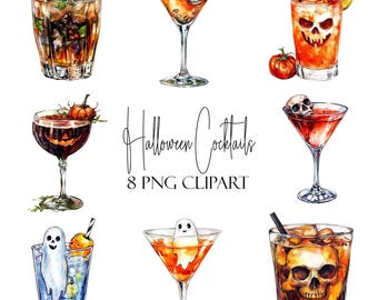 Halloweencocktails, akvarell clipart, 8 PNG-bilder, direktnedladdning, kommersiellt bruk, POD-användning