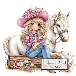Watercolor Cowgirl and Horse Clipart Set, Transparent PNG Bundle, Instant Download, Commercial Use, POD Use