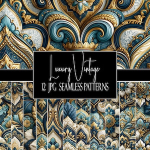 May include: A collection of 12 seamless digital patterns featuring intricate blue, gold, and white ornamental designs. A black rectangular overlay displays the white text Luxury Vintage 12 JPG SEAMLESS PATTERNS centred over the detailed artwork.