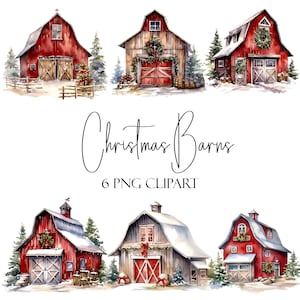 Weihnachtsscheune Clipart, Aquarellelemente, PNG-Format, Sofort-Download, kommerzielle Nutzung, POD-Nutzung