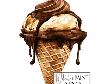 Watercolor Ice Cream Cone Clipart | 8 PNGs | Instant Download | Commercial & POD Use