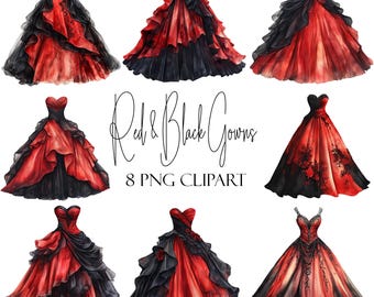 Red and Black Gowns Watercolor Clipart: Fashion Illustration (PNGs, Commercial Use)