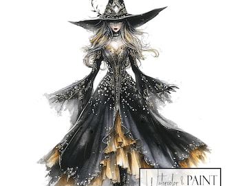 Watercolor Witch Clipart Bundle, 8 PNG Transparent Images, Instant Download, Commercial Use, POD Use