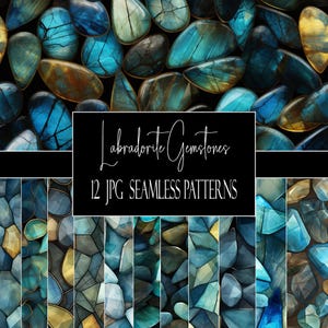 Könnte beinhalten: Eine Sammlung von Labradorit-Edelsteinen in Blau-, Türkis- und Goldtönen. Das Bild enthält den Text "Labradorite Gemstones" und "12 JPG Seamless Patterns" auf schwarzem Hintergrund. Die Edelsteine haben ein poliertes, glattes Aussehen.