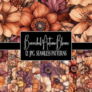 Puede incluir: Una colección digital de 12 patrones sin costuras con diseños florales en tonos naranja, óxido y morado intenso. La imagen incluye una superposición rectangular negra con el texto blanco Burnished Autumn Blooms 12 JPG SEAMLESS PATTERNS.