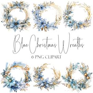 Blaue Weihnachtskränze, Aquarell Clipart, PNG-Format, Sofort Download, kommerzielle Nutzung, POD Verwendung