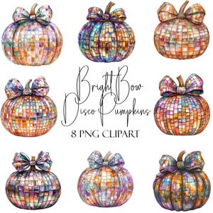 Disco Pumpkin, Bright Bow, Fall Clipart, 8 PNGs, Instant Download, Commercial Use, POD Use