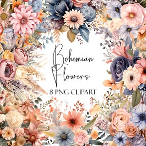 Boho Blumen, Floral Clipart, Aquarellelemente, PNG-Format, Sofort-Download, kommerzielle Nutzung, POD-Verwendung
