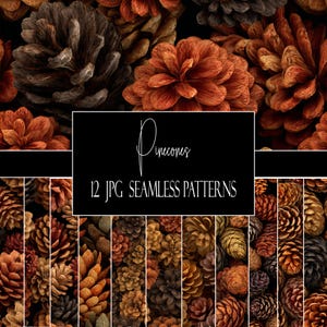Puede incluir: Una colección de 12 patrones digitales sin costuras que presentan varias piñas en tonos marrón, naranja y beige. La imagen muestra una etiqueta rectangular negra central con el texto blanco Pinecones y 12 JPG SEAMLESS PATTERNS.
