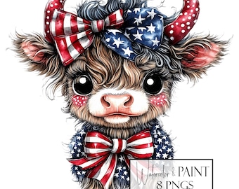 Clipart de vaca de las Tierras Altas en acuarela del 4 de julio: paquete PNG patriótico (uso comercial, aprobado por POD)