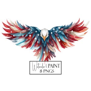 Watercolor Americana Eagle Clipart Bundle, 8 Transparent PNG Images, Instant Download, Commercial Use, Patriotic Bald Eagle Art for POD